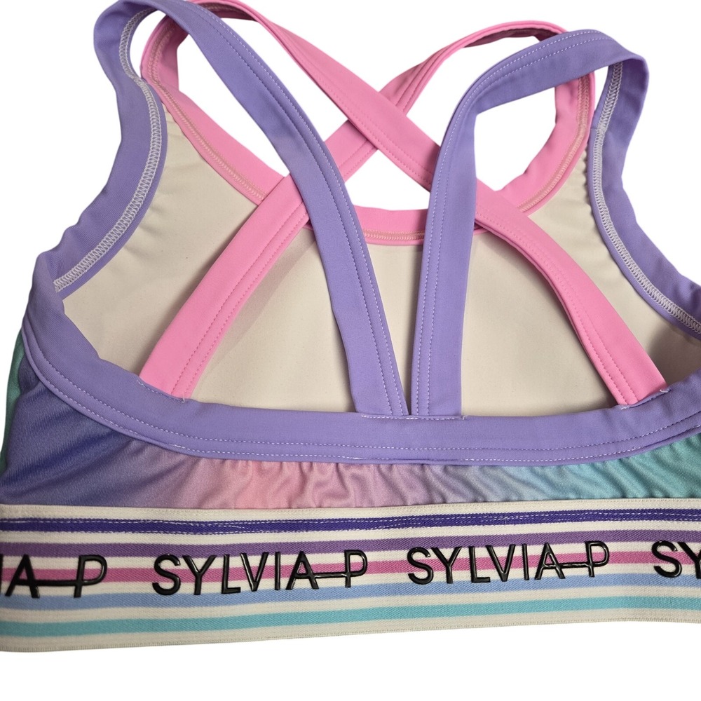 SYLVIA P Crop Top Sports Bra Dance Gymnastics Pink Purple Ombre Strappy Size 12 - Picture 2 of 5
